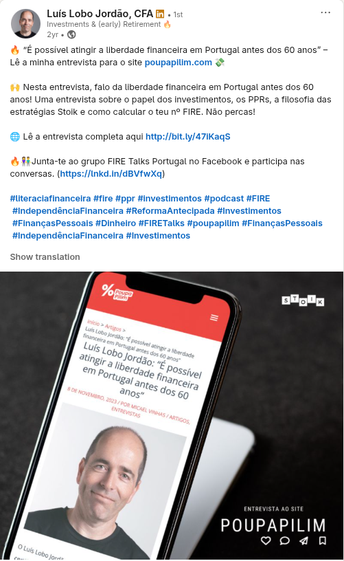 Publicação do Luís Lobo Jordão com a entrevista ao site Poupa Pilim