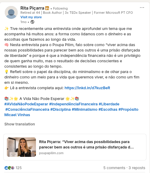 Publicação da Rita Piçarra com a entrevista ao site Poupa Pilim