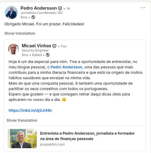 Publicação do Pedro Andersson a agradecer ao Micael a entrevista ao site Poupa Pilim